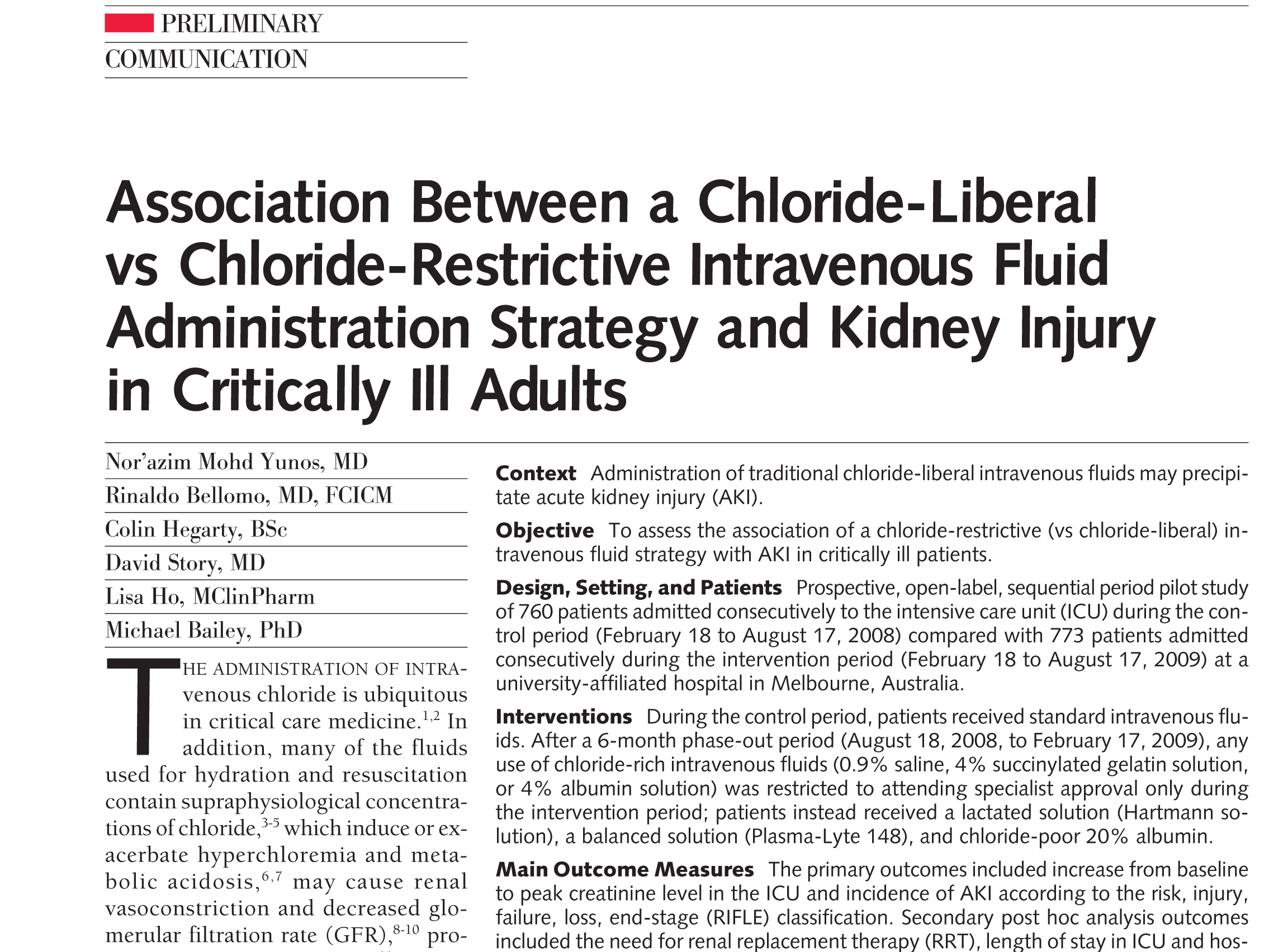Association Between a Chloride-Liberal vs Chloride-Restrictive Intravenous Fluid Administration Strategy and Kidney Injury in Critically Ill Adults