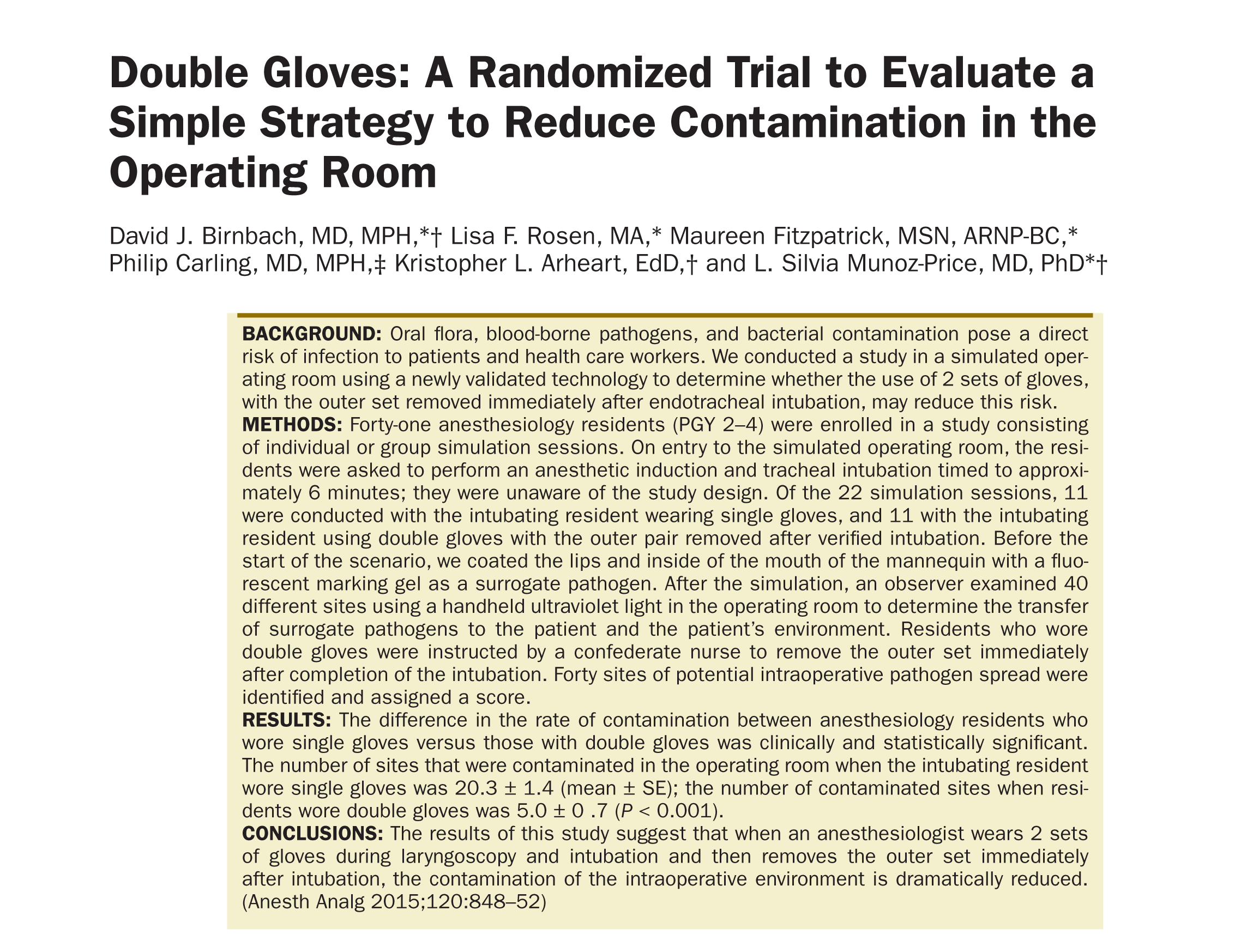 Double Gloves: A Randomized Trial to Evaluate a Simple Strategy to Reduce Contamination in the Operating Room